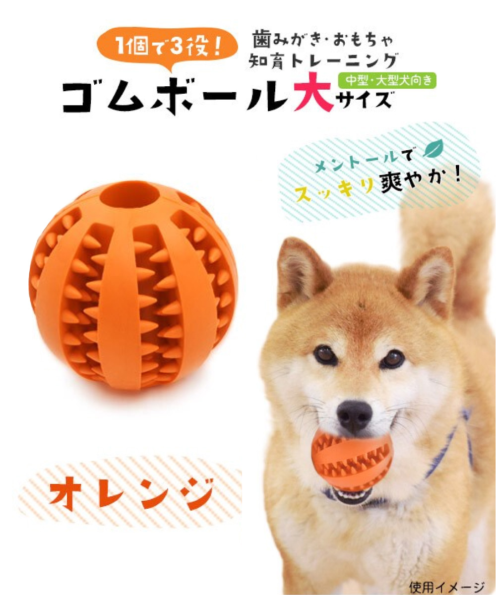 1個で3役♪おもちゃ 歯みがき 知育トレーニング 中型・大型犬向き 歯磨きボール 大サイズ オレンジ