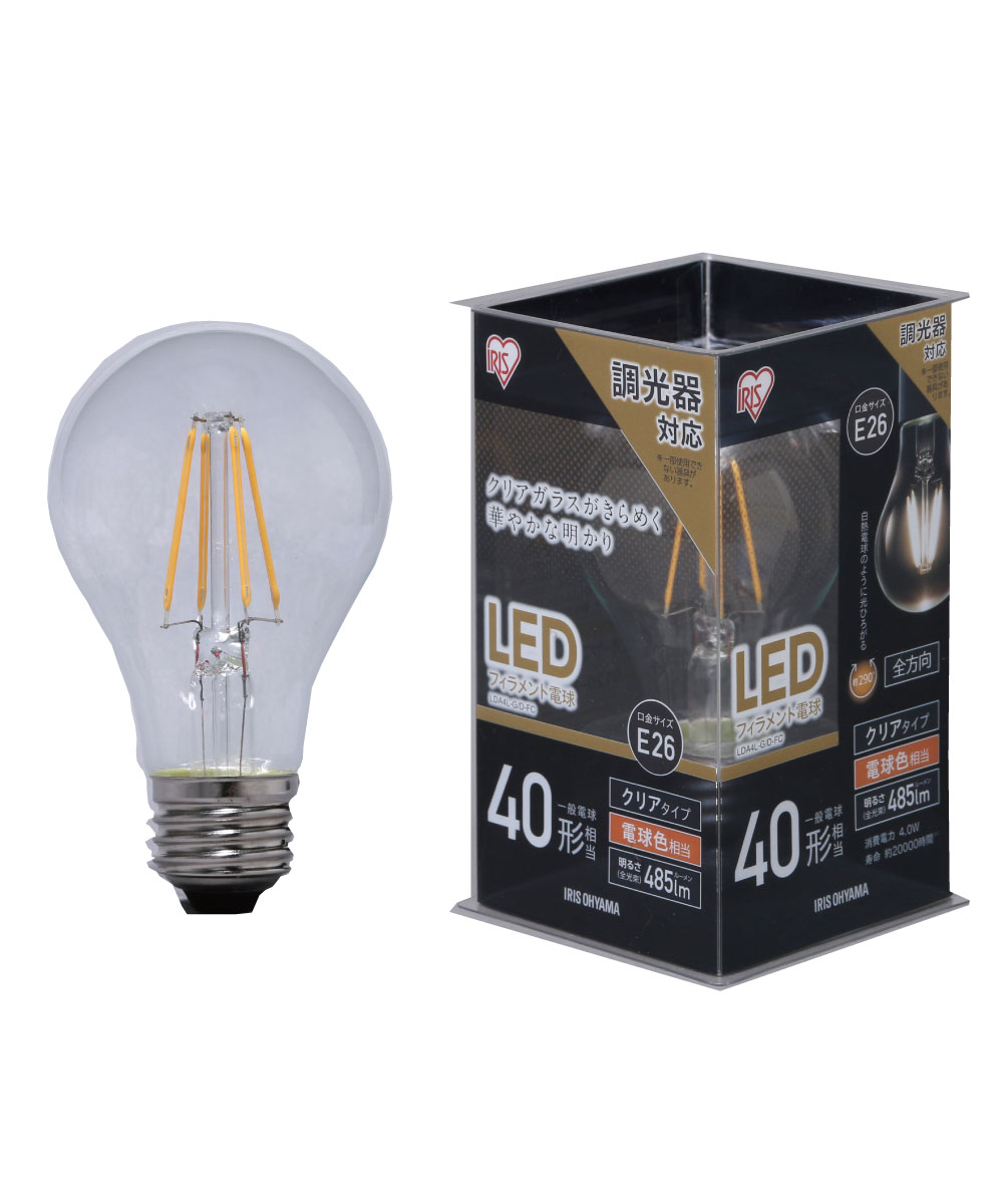 [アイリスオーヤマ]LEDフィラメント電球 E26 40形相当 電球色 調光 クリア